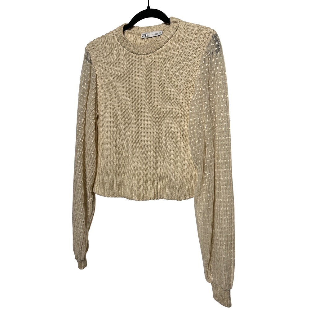 ZARA Textured Knit Sweater Sheer Dot‎ Sleeve Cream Cropped Top Women S